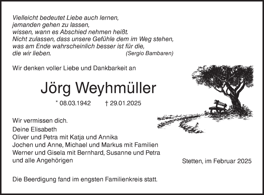  Traueranzeige für Jörg Weyhmüller vom 08.02.2025 aus SÜDWEST PRESSE Ausgabe Ulm/Neu-Ulm