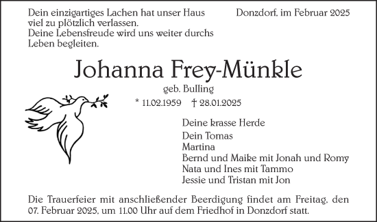 Traueranzeige von Johanna Frey-Münkle von NWZ Neue Württembergische Zeitung/Geislinger Zeitung
