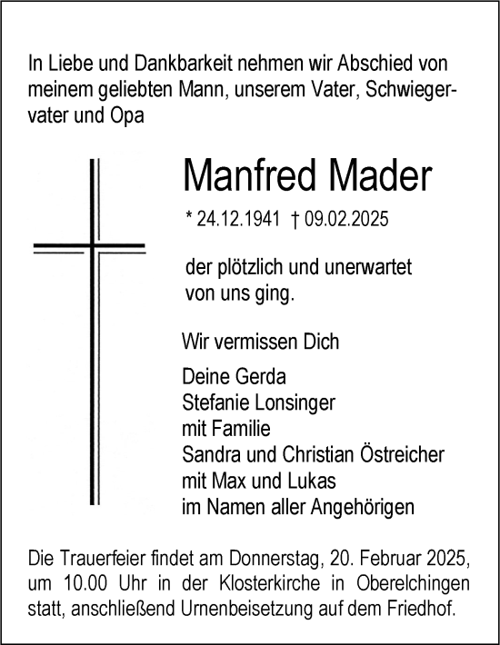 Traueranzeige von Manfred Mader von SÜDWEST PRESSE Ausgabe Ulm/Neu-Ulm