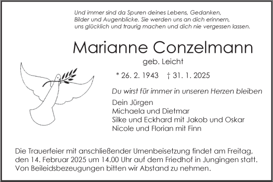 Traueranzeige von Marianne Conzelmann von SÜDWEST PRESSE Zollernalbkreis/Hohenzollerische Zeitung