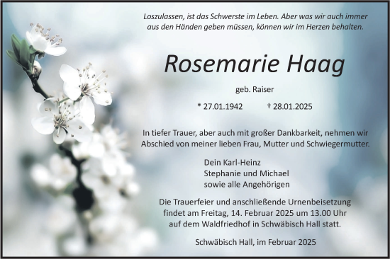 Traueranzeige von Rosemarie Haag von Haller Tagblatt