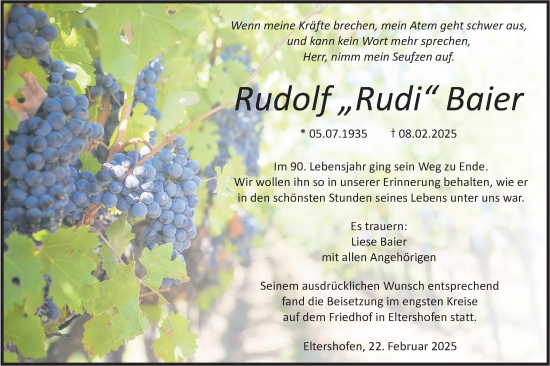 Traueranzeige von Rudolf Baier von Haller Tagblatt