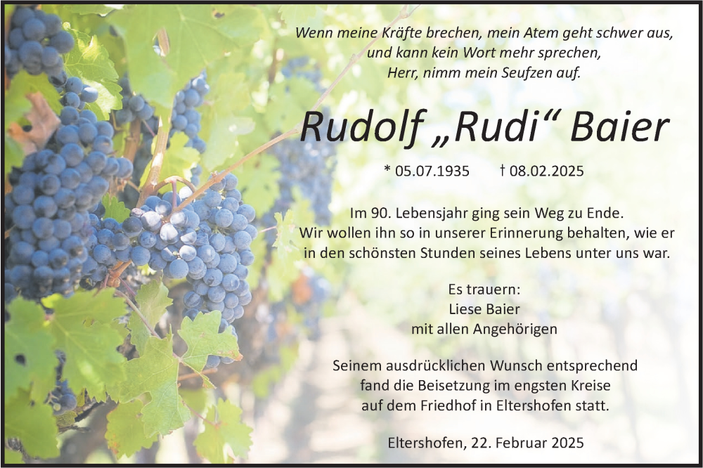  Traueranzeige für Rudolf Baier vom 22.02.2025 aus Haller Tagblatt