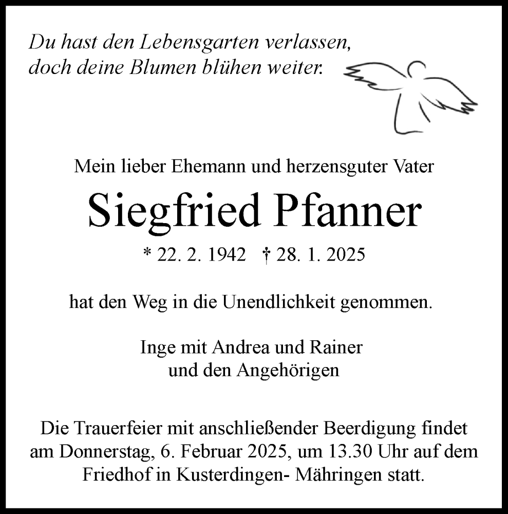  Traueranzeige für Siegfried Pfanner vom 01.02.2025 aus Schwäbische Tagblatt