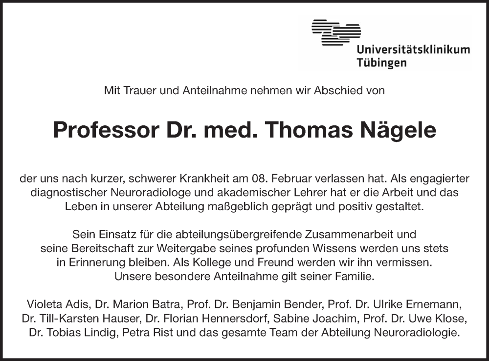  Traueranzeige für Thomas Nägele vom 15.02.2025 aus Schwäbische Tagblatt