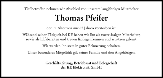 Traueranzeige von Thomas Pfeifer von Hohenloher Tagblatt