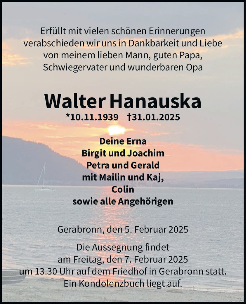  Traueranzeige für Walter Hanauska vom 05.02.2025 aus Hohenloher Tagblatt/Hohenloher Tagblatt