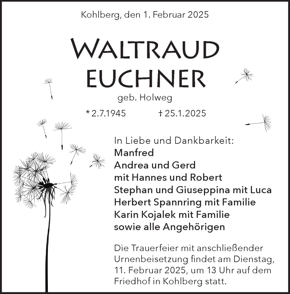  Traueranzeige für Waltraud Euchner vom 01.02.2025 aus Alb-Bote/Metzinger-Uracher Volksblatt