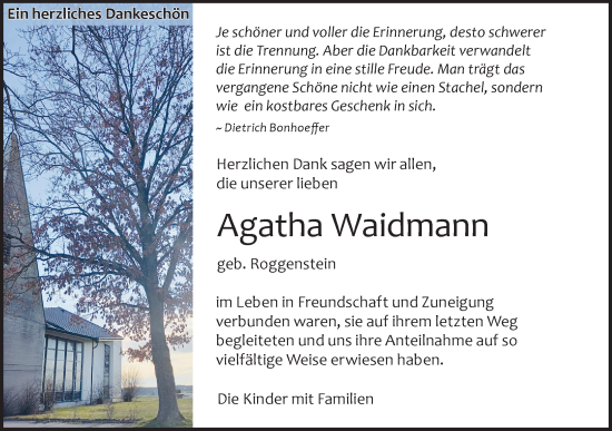 Traueranzeige von Agatha Waidmann von Alb-Bote/Metzinger-Uracher Volksblatt