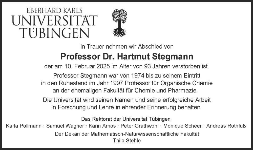  Traueranzeige für Hartmut Stegmann vom 19.03.2025 aus Schwäbische Tagblatt