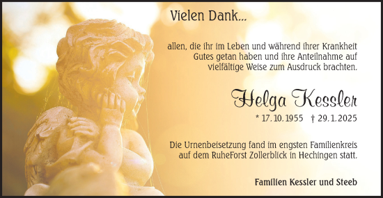 Traueranzeige von Helga Kessler von SÜDWEST PRESSE Zollernalbkreis/Hohenzollerische Zeitung