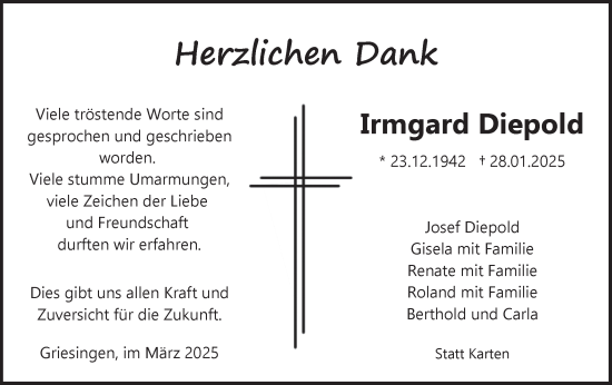 Traueranzeige von Irmgard Diepold von SÜDWEST PRESSE Ausgabe Ulm/Neu-Ulm
