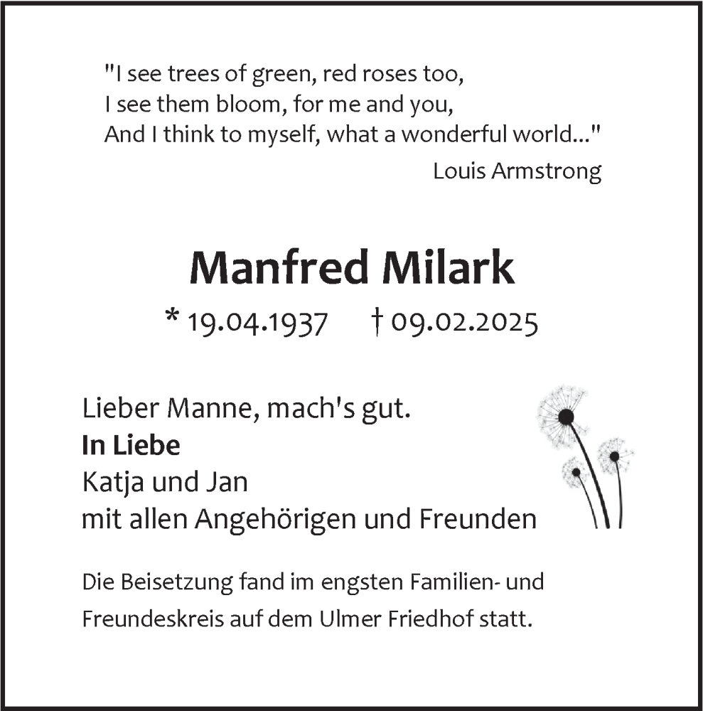  Traueranzeige für Manfred Milark vom 08.03.2025 aus SÜDWEST PRESSE Ausgabe Ulm/Neu-Ulm