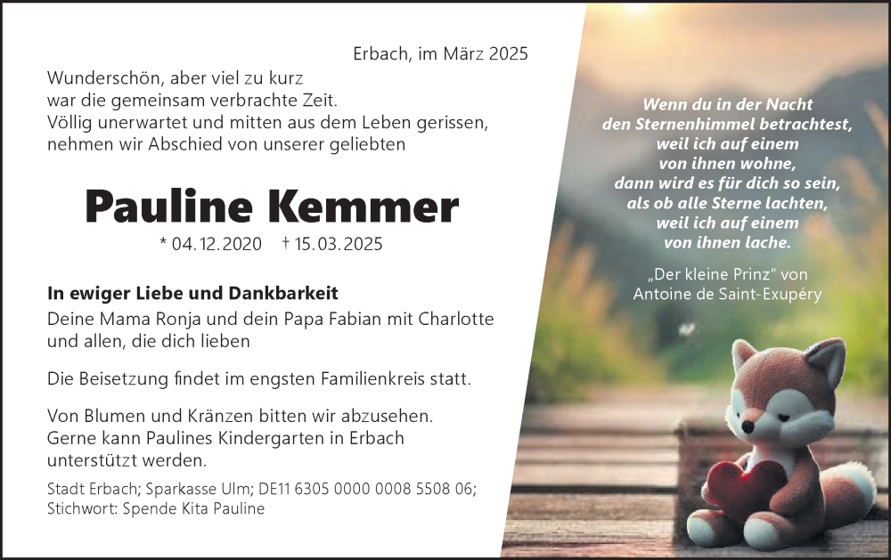  Traueranzeige für Pauline Kemmer vom 22.03.2025 aus SÜDWEST PRESSE Ausgabe Ulm/Neu-Ulm