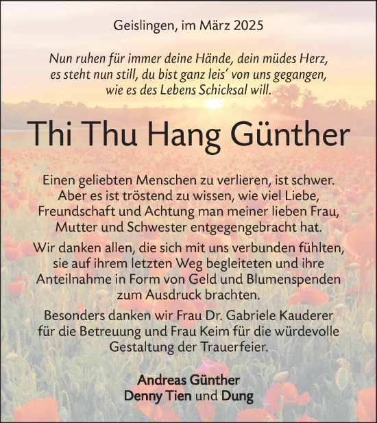 Traueranzeige von Thi Thu Hang Günther von Geislinger Zeitung