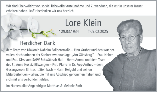 Traueranzeige von Lore Klein von Haller Tagblatt