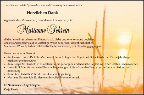 Traueranzeige von Marianne Schrein von Hohenloher Tagblatt