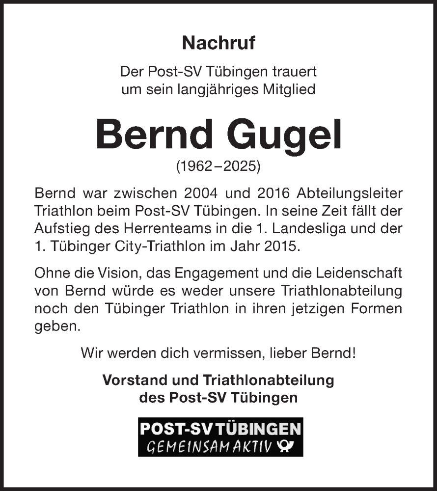  Traueranzeige für Bernd Gugel vom 16.07.2025 aus Schwäbische Tagblatt