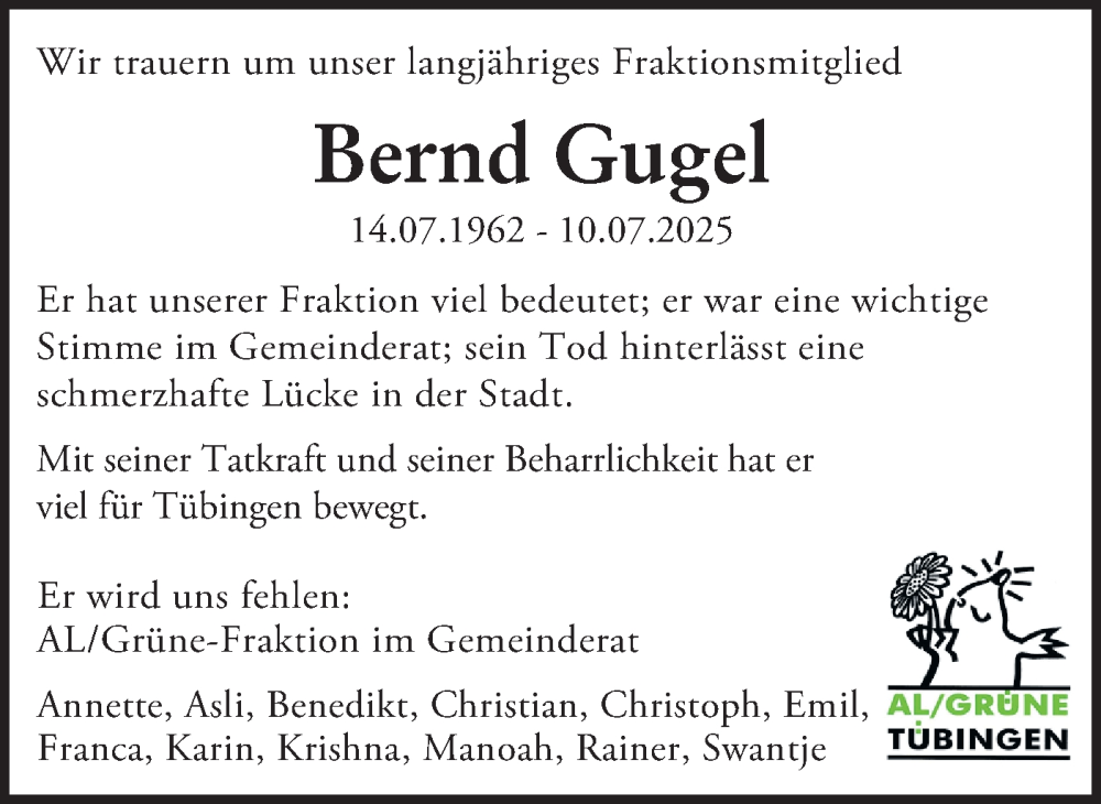  Traueranzeige für Bernd Gugel vom 15.07.2025 aus Schwäbische Tagblatt