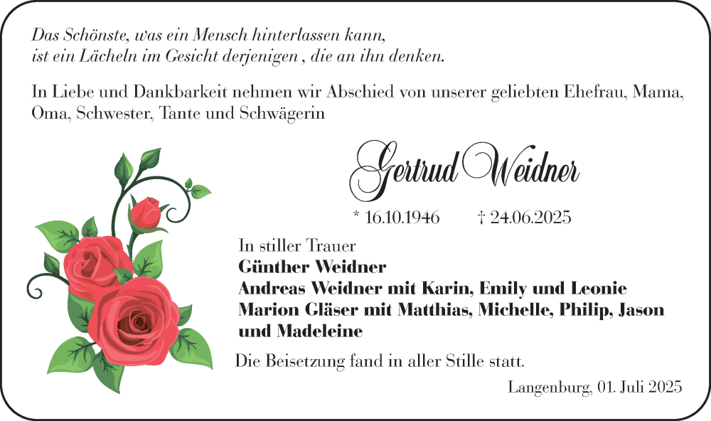  Traueranzeige für Gertrud Weidner vom 01.07.2025 aus Hohenloher Tagblatt