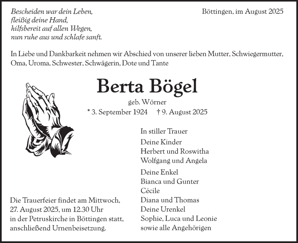  Traueranzeige für Berta Bögel vom 23.08.2025 aus Alb-Bote/Metzinger-Uracher Volksblatt