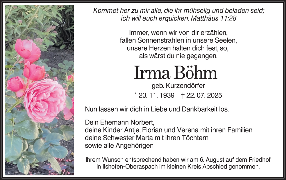  Traueranzeige für Irma Böhm vom 07.08.2025 aus Hohenloher Tagblatt