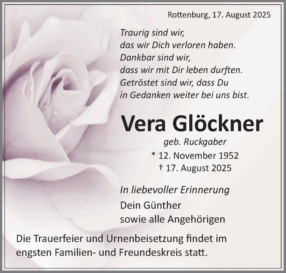 Traueranzeige für Vera Glöckner vom 23.08.2025 aus Schwäbische Tagblatt