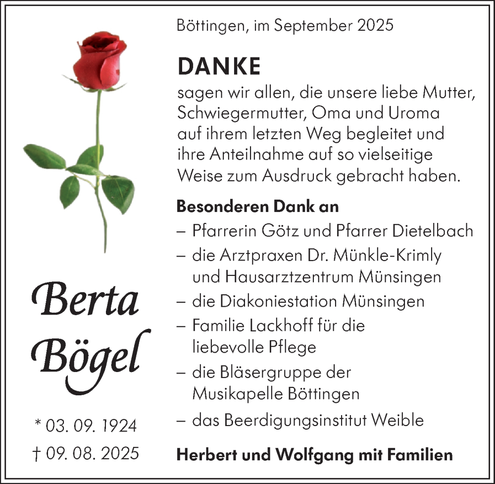  Traueranzeige für Berta Bögel vom 13.09.2025 aus Alb-Bote/Metzinger-Uracher Volksblatt