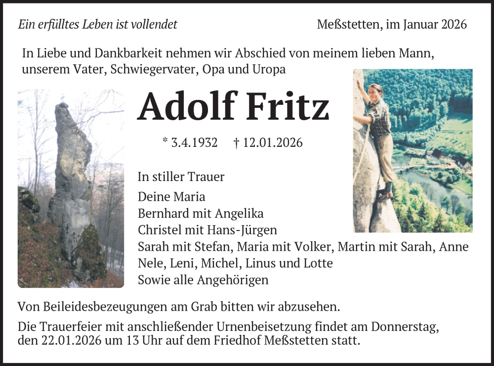  Traueranzeige für Adolf Fritz vom 17.01.2026 aus SÜDWEST PRESSE Zollernalbkreis/Hohenzollerische Zeitung
