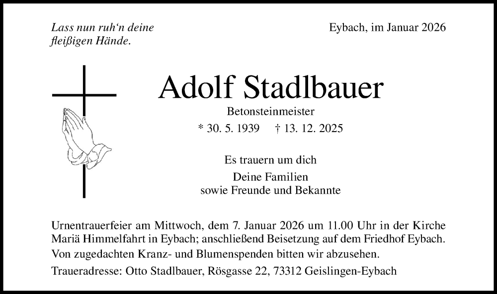  Traueranzeige für Adolf Stadlbauer vom 03.01.2026 aus Geislinger Zeitung