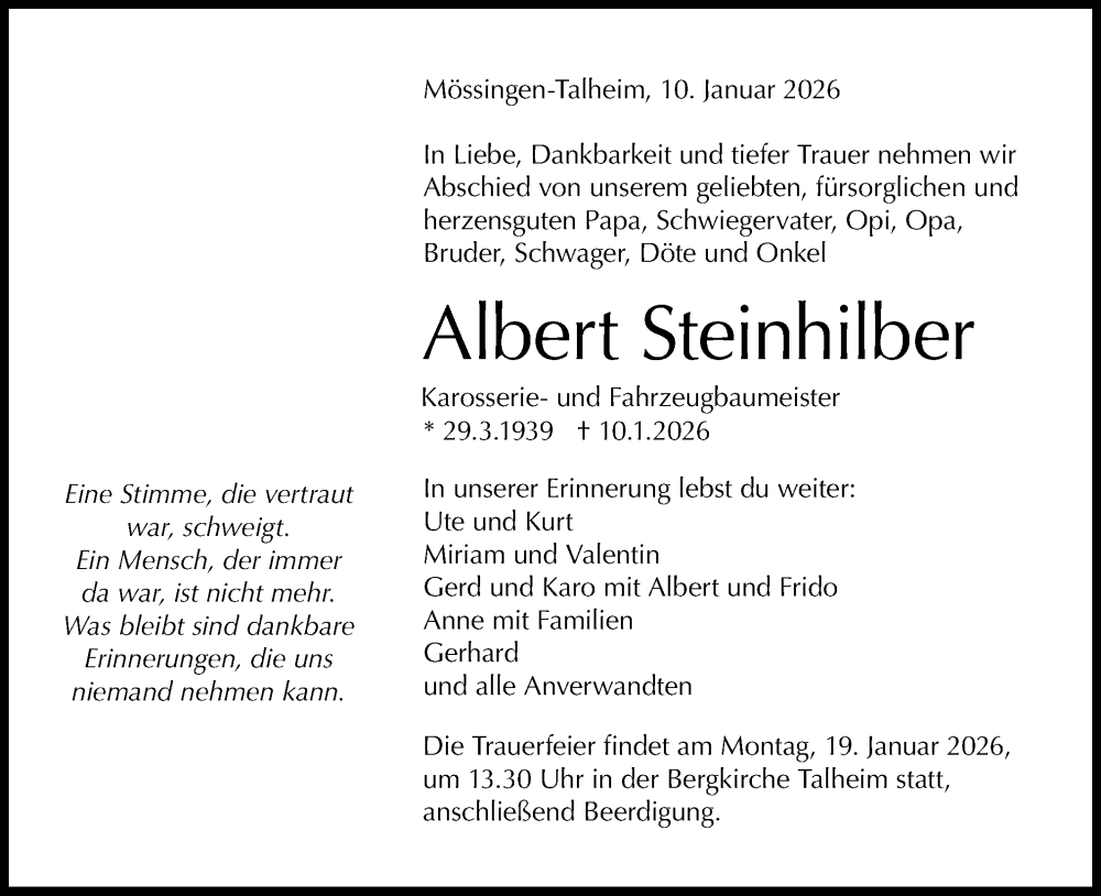  Traueranzeige für Albert Steinhilber vom 15.01.2026 aus Schwäbische Tagblatt/SÜDWEST PRESSE Zollernalbkreis/Hohenzollerische Zeitung