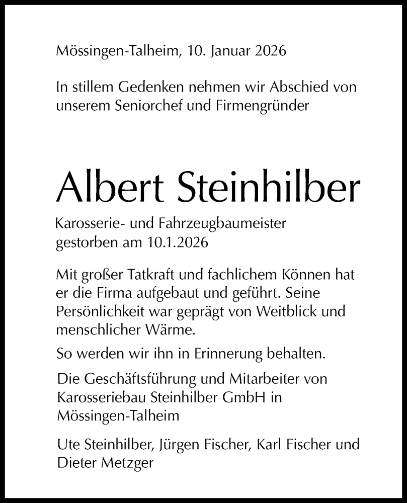  Traueranzeige für Albert Steinhilber vom 15.01.2026 aus SÜDWEST PRESSE Zollernalbkreis/Hohenzollerische Zeitung/Schwäbische Tagblatt