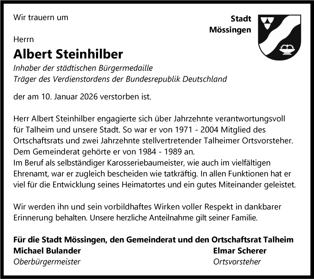  Traueranzeige für Albert Steinhilber vom 15.01.2026 aus Schwäbische Tagblatt
