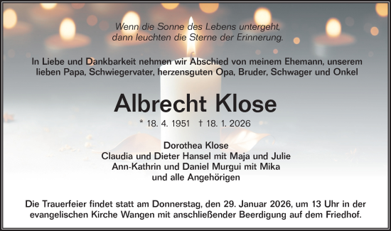 Traueranzeige von Albrecht Klose von NWZ Neue Württembergische Zeitung