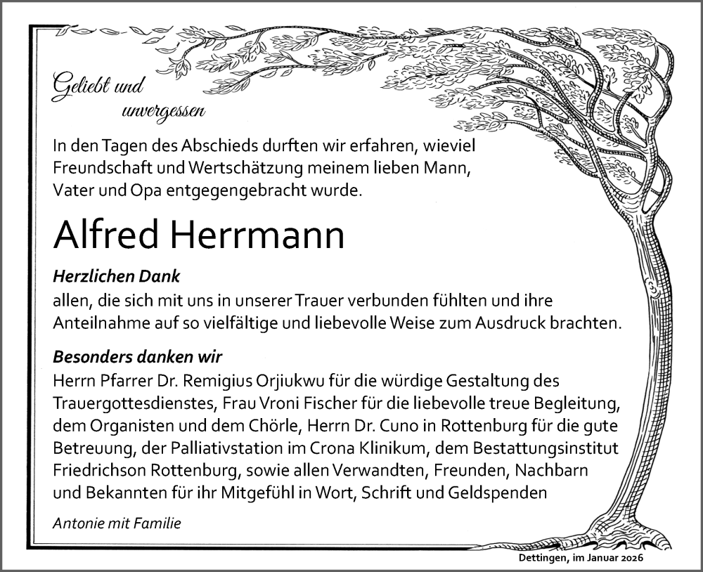  Traueranzeige für Alfred Herrmann vom 14.01.2026 aus Schwäbische Tagblatt