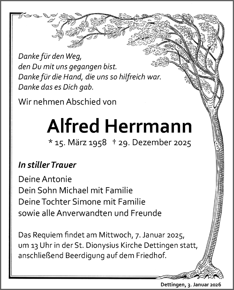  Traueranzeige für Alfred Herrmann vom 03.01.2026 aus SÜDWEST PRESSE Zollernalbkreis/Hohenzollerische Zeitung/Schwäbische Tagblatt