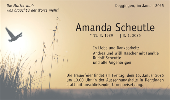 Traueranzeige von Amanda Scheutle von Geislinger Zeitung