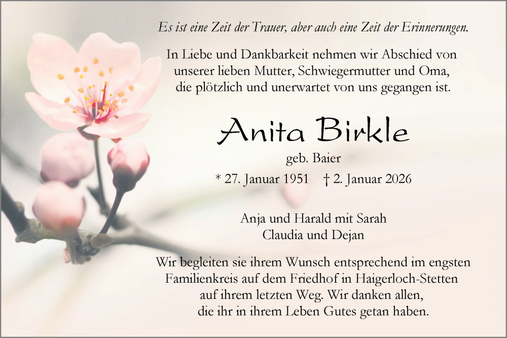  Traueranzeige für Anita Birkle vom 08.01.2026 aus SÜDWEST PRESSE Zollernalbkreis/Hohenzollerische Zeitung