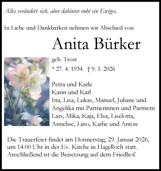 Traueranzeige von Anita Bürker von Schwäbische Tagblatt