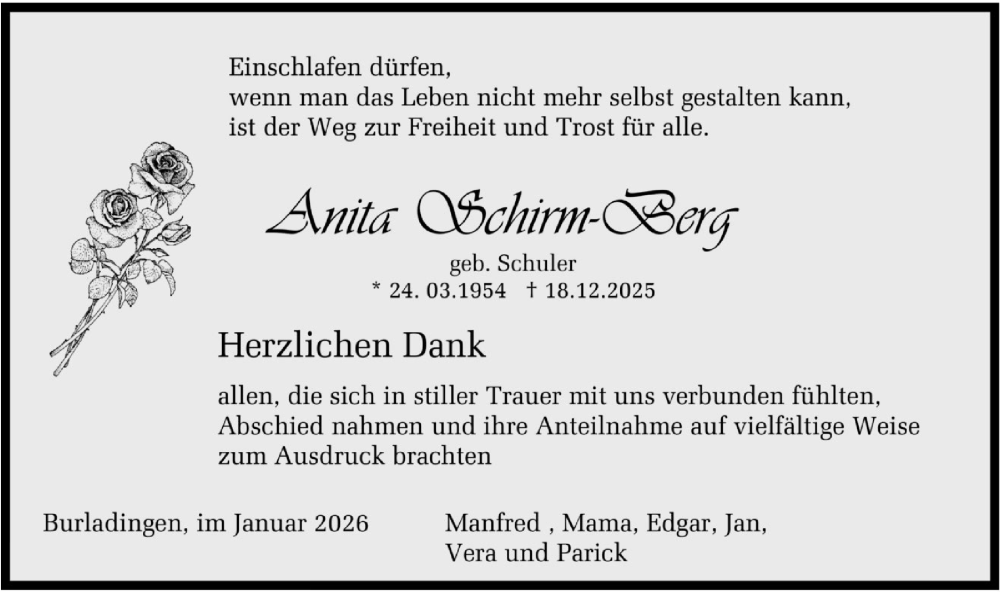  Traueranzeige für Anita Ochirm-Berg vom 24.01.2026 aus SÜDWEST PRESSE Zollernalbkreis/Hohenzollerische Zeitung