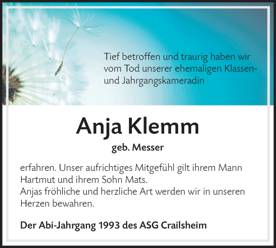 Traueranzeige von Anja Klemm von Hohenloher Tagblatt