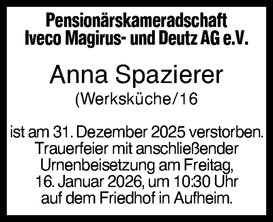 Traueranzeige von Anna Spazierer von SÜDWEST PRESSE Ausgabe Ulm/Neu-Ulm