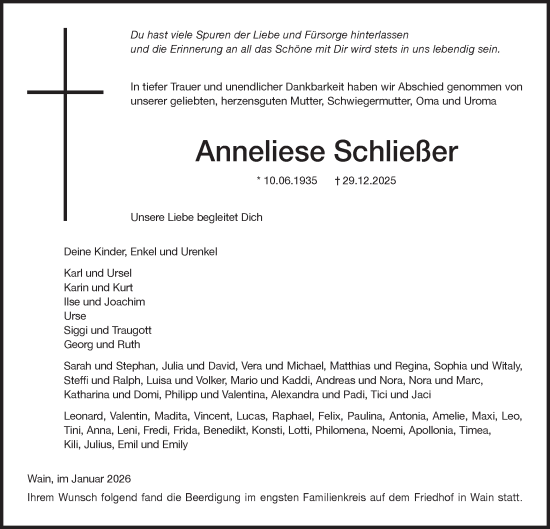 Traueranzeige von Anneliese Schließer von SÜDWEST PRESSE Ausgabe Ulm/Neu-Ulm