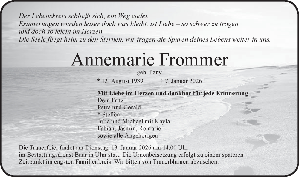  Traueranzeige für Annemarie Frommer vom 10.01.2026 aus SÜDWEST PRESSE Ausgabe Ulm/Neu-Ulm