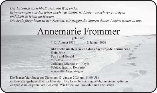 Traueranzeige von Annemarie Frommer von SÜDWEST PRESSE Ausgabe Ulm/Neu-Ulm