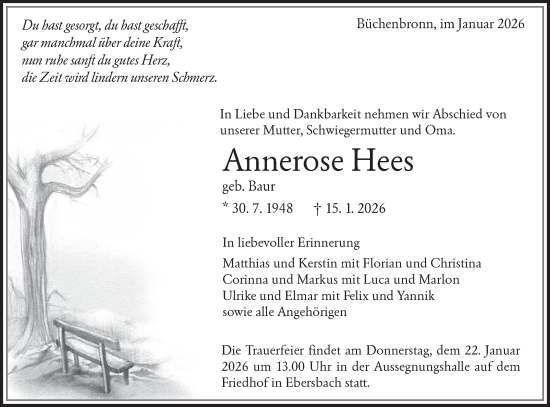 Traueranzeige von Annerose Hees von NWZ Neue Württembergische Zeitung