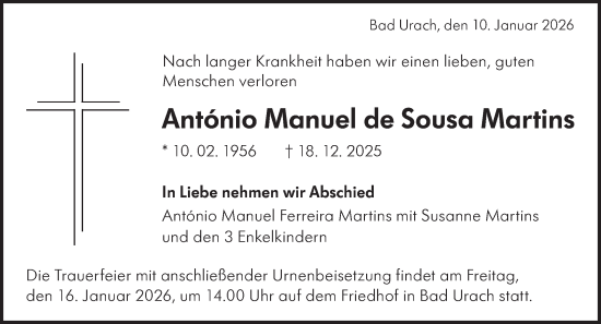 Traueranzeige von António Manuel de Sousa Martins von Alb-Bote/Metzinger-Uracher Volksblatt