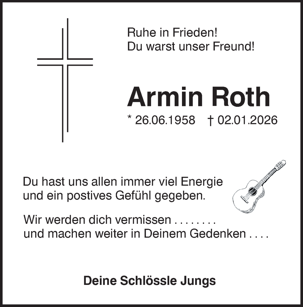  Traueranzeige für Armin Roth vom 10.01.2026 aus SÜDWEST PRESSE Ausgabe Ulm/Neu-Ulm