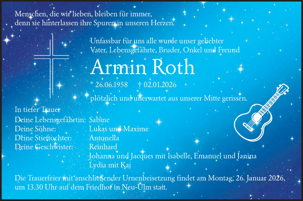  Traueranzeige für Armin Roth vom 17.01.2026 aus SÜDWEST PRESSE Ausgabe Ulm/Neu-Ulm
