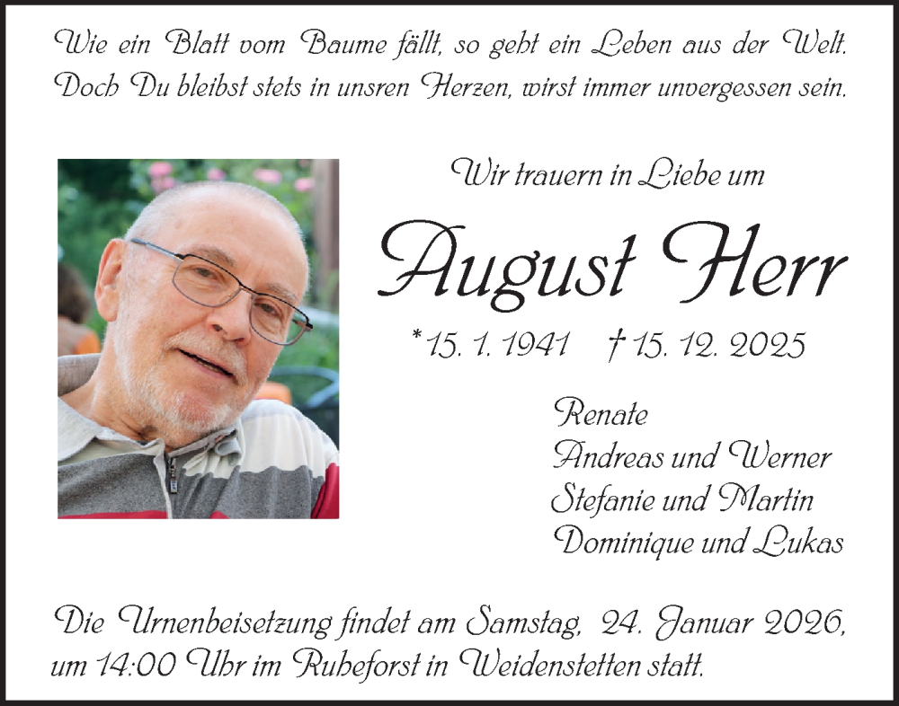  Traueranzeige für August Herr vom 03.01.2026 aus Geislinger Zeitung